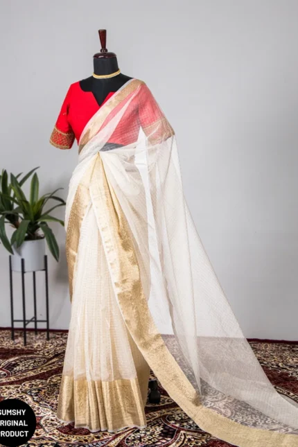 Buy Sumshy Beautiful Traditional White Organza Chex Saree 2023
