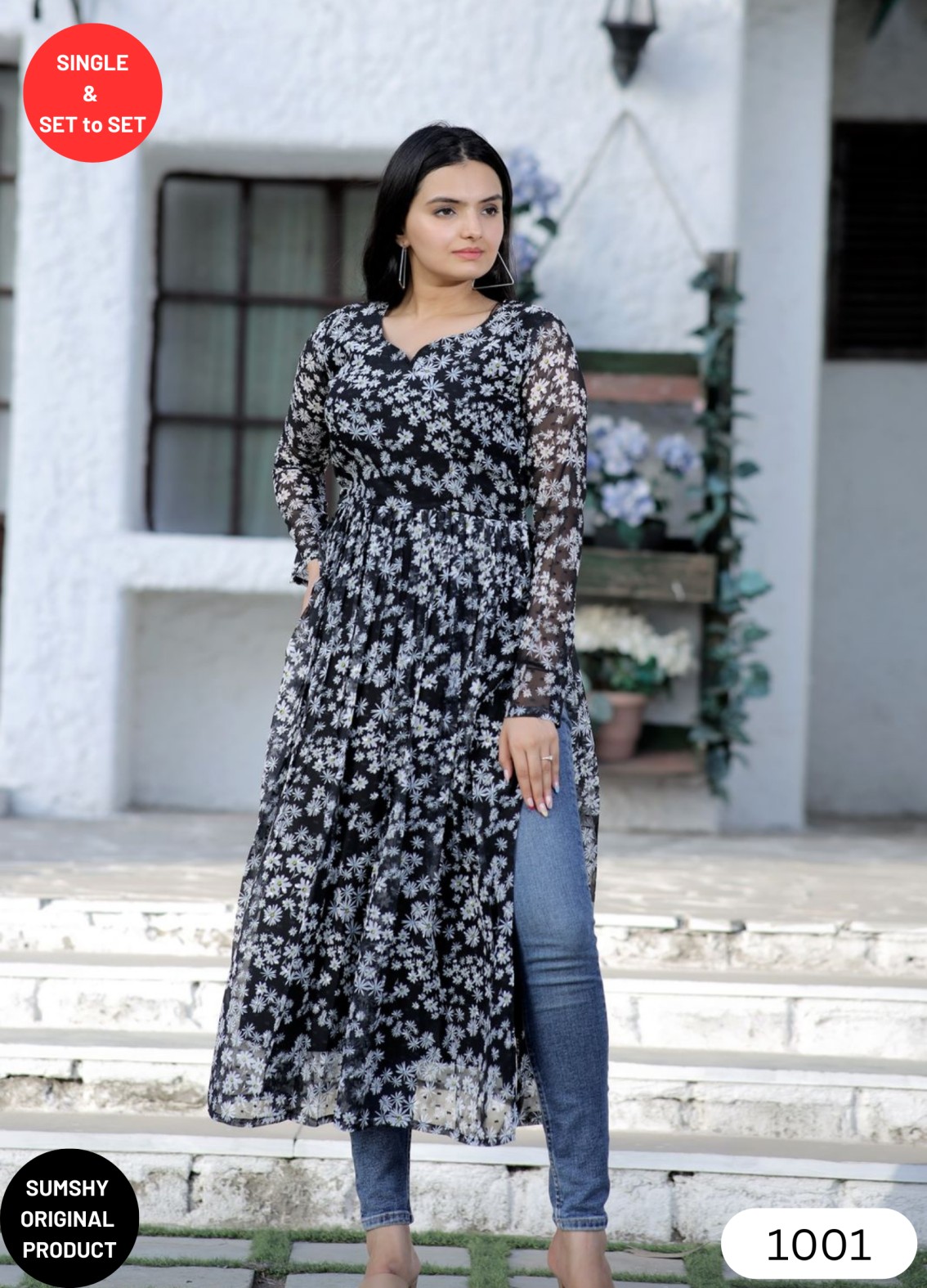 Buy Black Printed Georgette Long Kurti Online in India | Front slit kurti,  Slit kurti, Long kurti designs