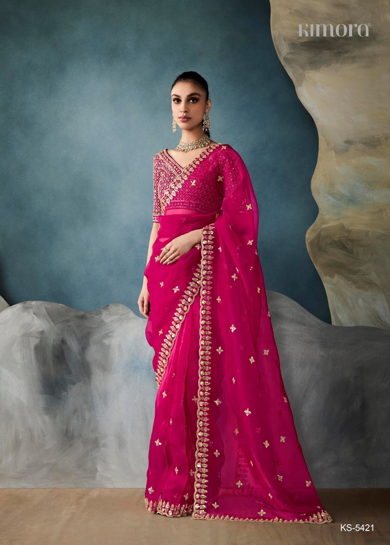 Kimora Iconic Pink Tissue Handwork Designer Wedding Saree 2025