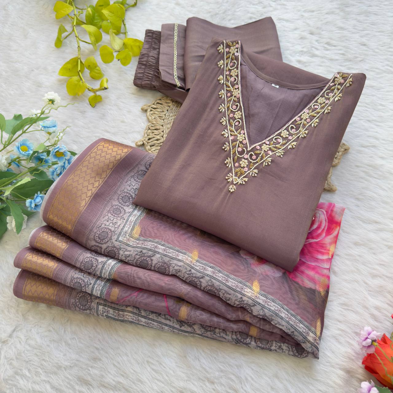 Alia 450 Roman Silk Kurti Pant Dupatta With Hand Work Design 2025