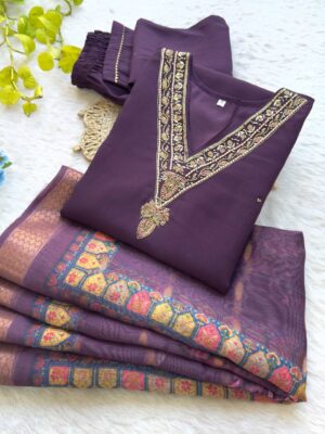 Alia 453 Roman Silk Wine Readymade Suit Khatli Work New Collection