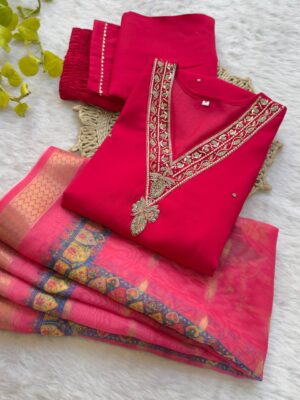 Alia 457 Roman Silk Red Salwar Suit Dress Khatli Work Hand Made Design