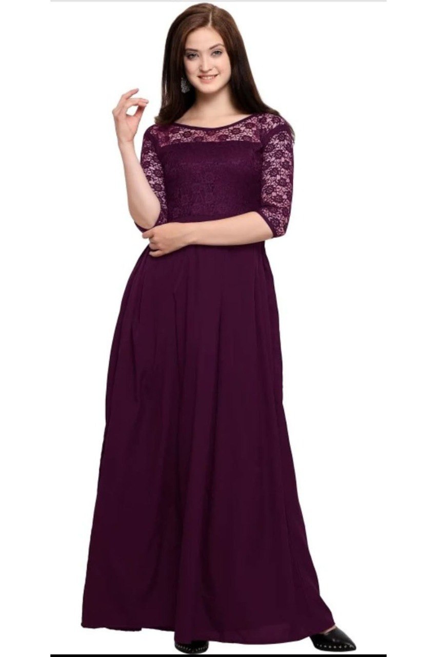 Shiv Vol 17Wine Crepe Long Gown With Net Neck Latest Collection