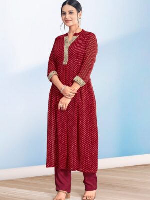 Shiv Vol 18 Red Georgette Leheriya Round Kurti With Pant New Collection