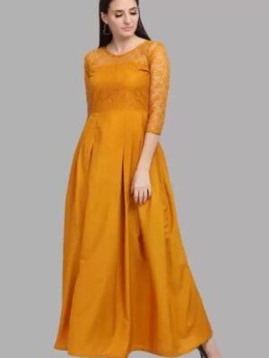 Shiv Vol 17 Yellow Crepe Long Gown With Net Neck Latest Collection