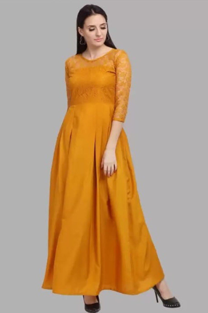 Shiv Vol 17 Yellow Crepe Long Gown With Net Neck Latest Collection