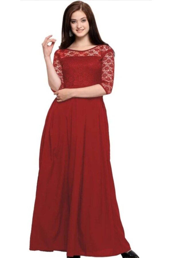 Shiv Vol 17 Red Crepe Long Gown With Net Neck Latest Collection