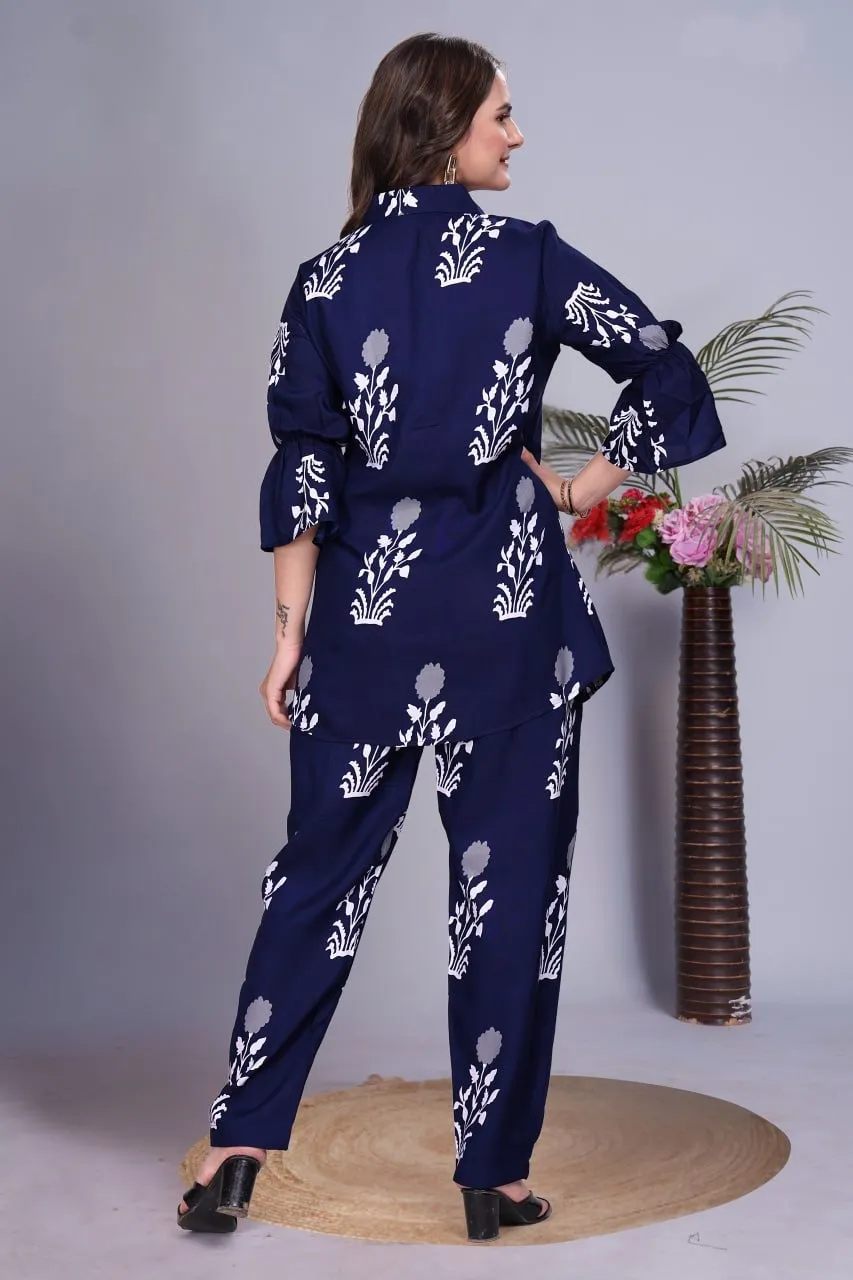 AEA 574 Blue Rayon Printed Co Ord Set AEA 574 Blue Rayon Printed Co Ord Set - Image 1