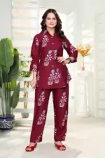 AEA 574 Maroon Rayon Printed Co Ord Set - Image 2