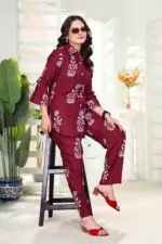 AEA 574 Maroon Rayon Printed Co Ord Set - Image 3