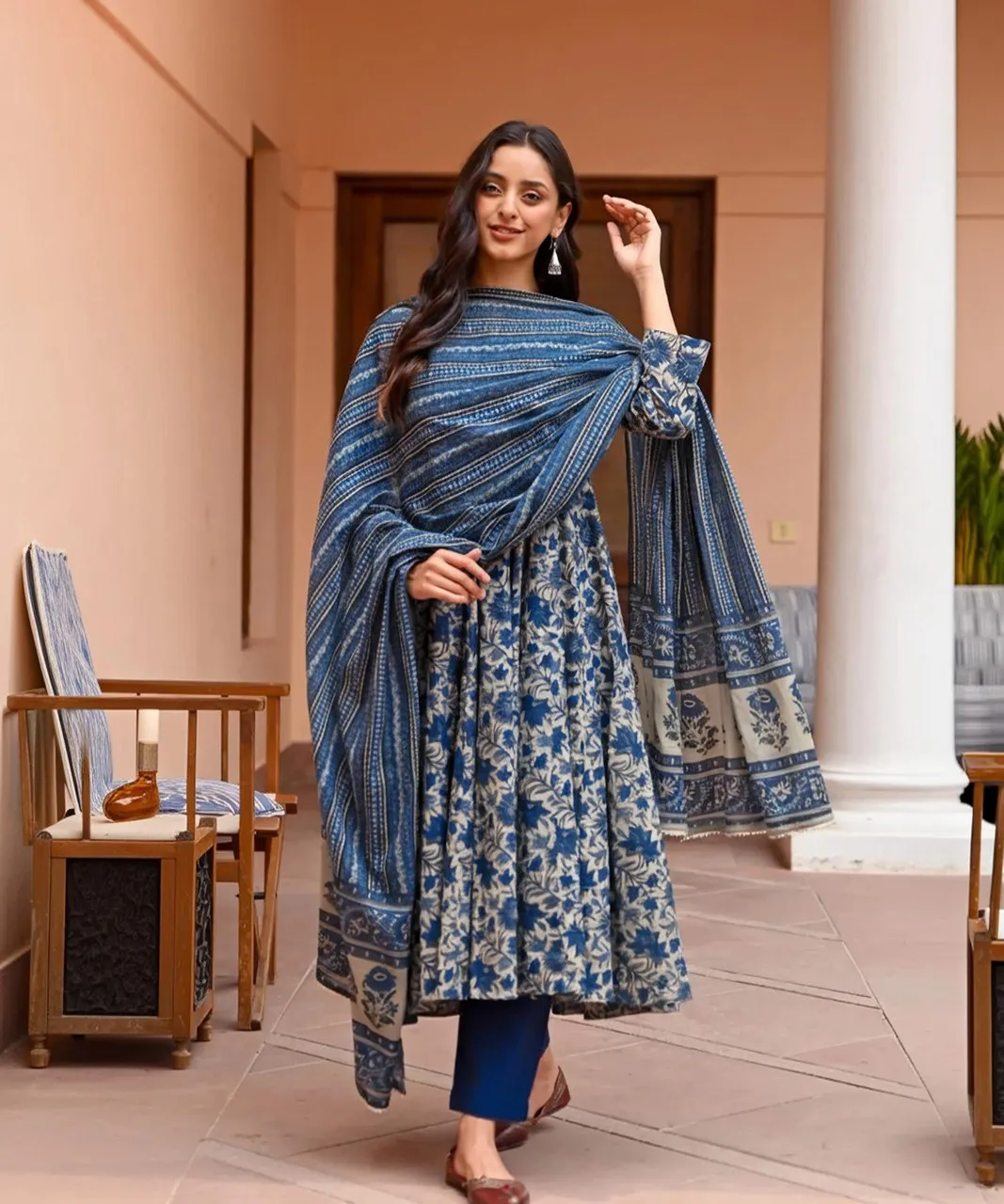 Aradhna 2040 Navy Blue Rayon Printed Anarkali Dress Aradhna 2040 Navy Blue Rayon Printed Anarkali Dress - Image 1