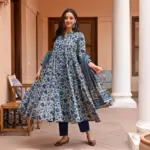 Aradhna 2040 Navy Blue Rayon Printed Anarkali Dress - Image 3