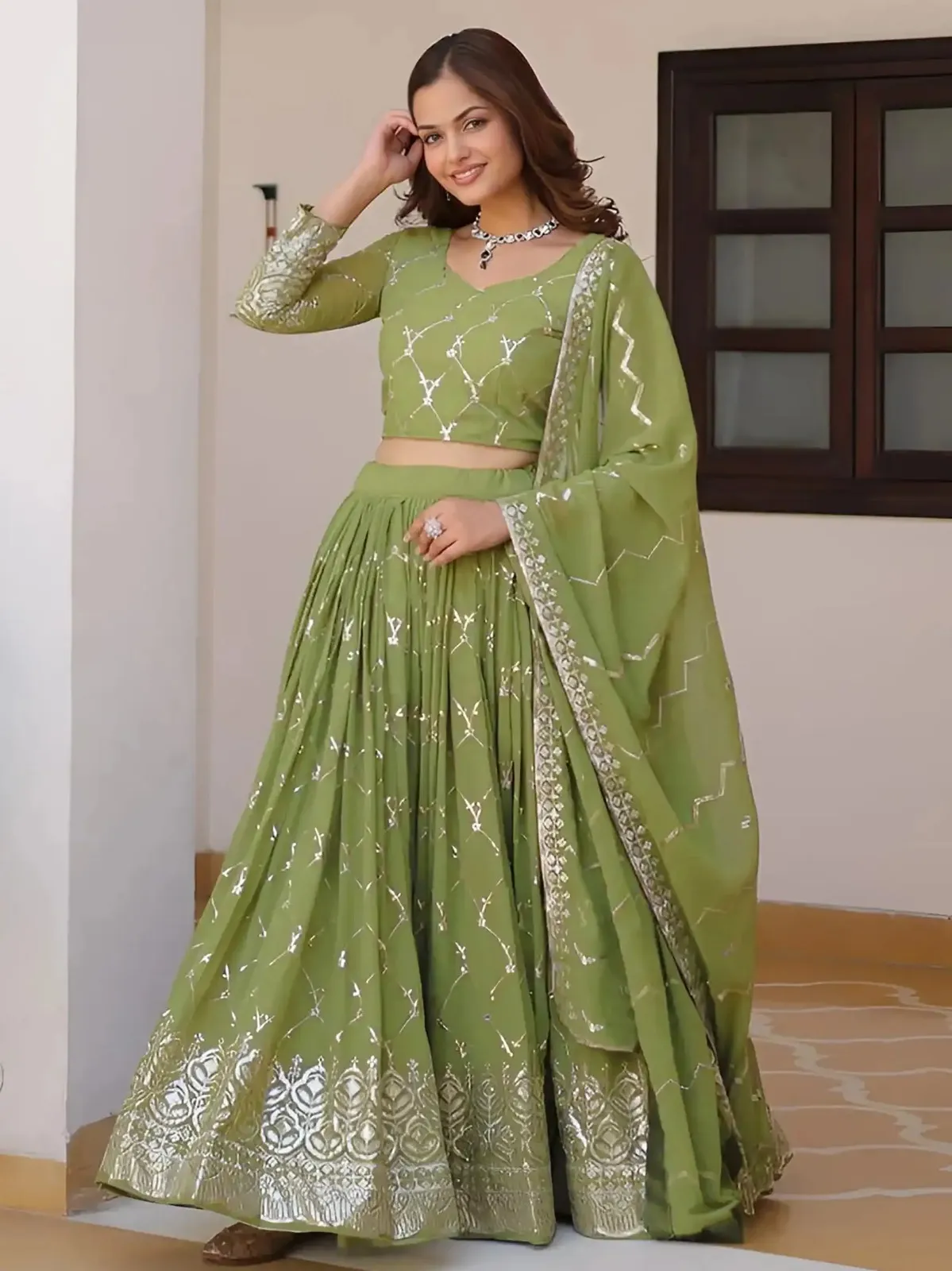 FFD Salmon Mendi Georgette Lehenga Choli Collection FFD Salmon Mendi Georgette Lehenga Choli Collection - Image 1