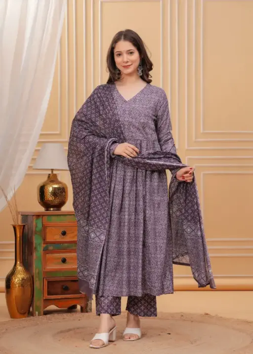 Aradhna 2037 Purple Rayon Print Kurti Pant Dupatta