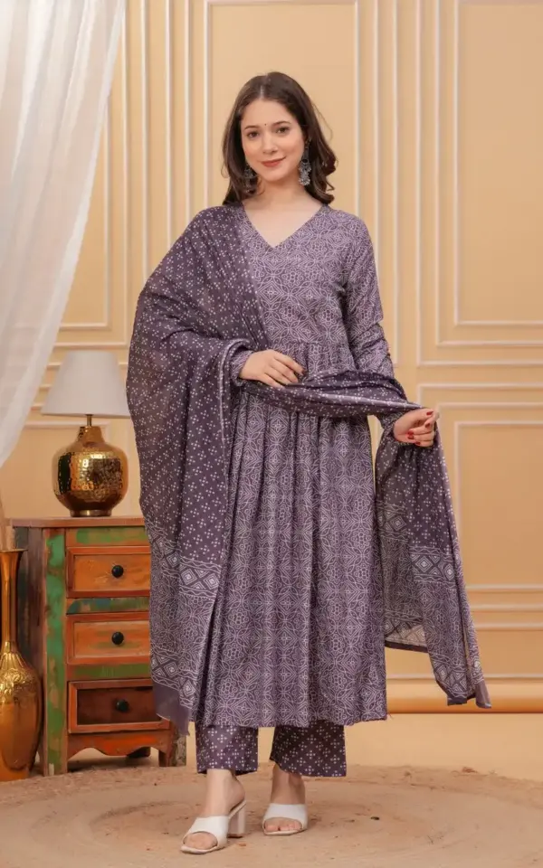 Aradhna 2037 Purple Rayon Print Kurti Pant Dupatta