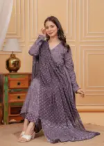 Aradhna 2037 Purple Rayon Print Kurti Pant Dupatta