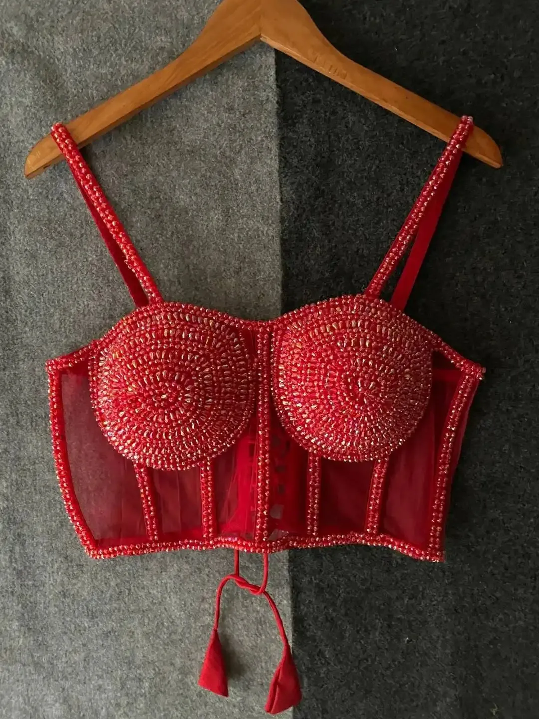 Ruhi Beautiful Red Pearl Moti Spaghetti Blouse Ruhi Beautiful Red Pearl Moti Spaghetti Blouse - Image 1