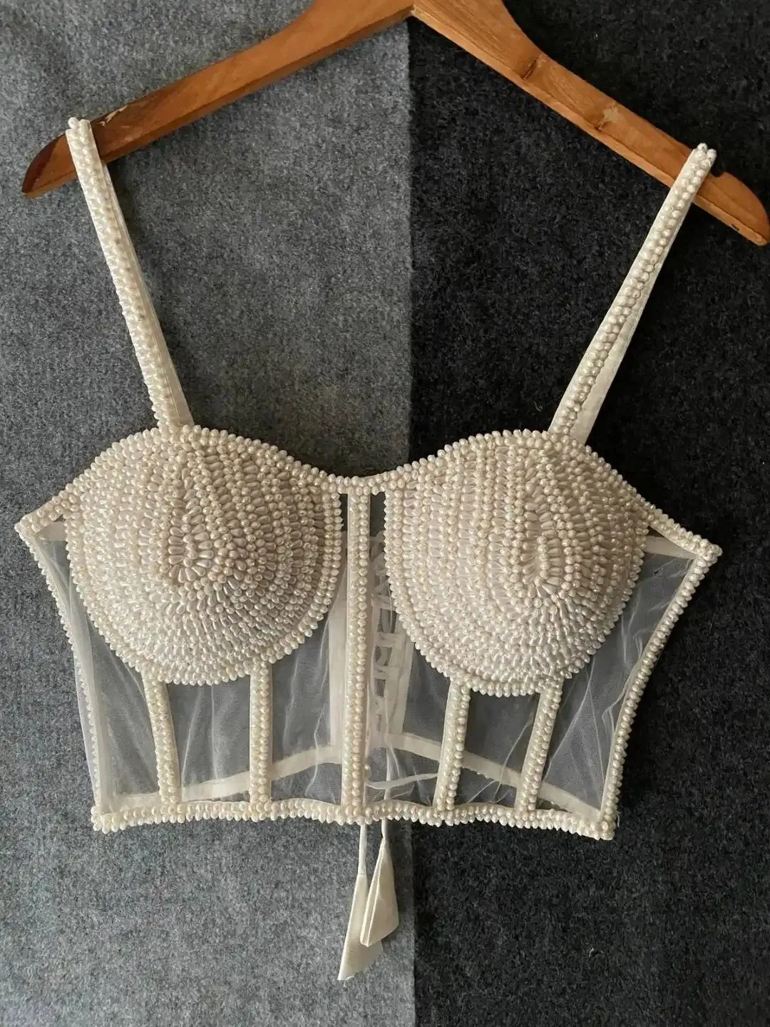 Ruhi Beautiful White Pearl Moti Spaghetti Blouse Ruhi Beautiful White Pearl Moti Spaghetti Blouse - Image 1