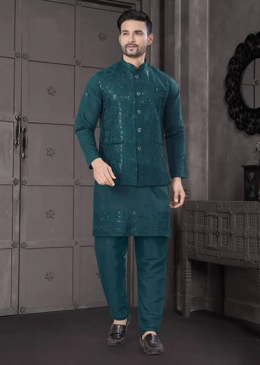 Shyam Vol 45 Green Party Wear Kurta Pajama With Koti Shyam Vol 45 Green Party Wear Kurta Pajama With Koti - Image 1