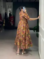 WMN 4505 Organza Floral Printed Frock Kurti - Image 3