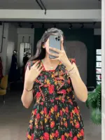 WMN 4506 Black Maslin Silk Floral Print Frock Kurti