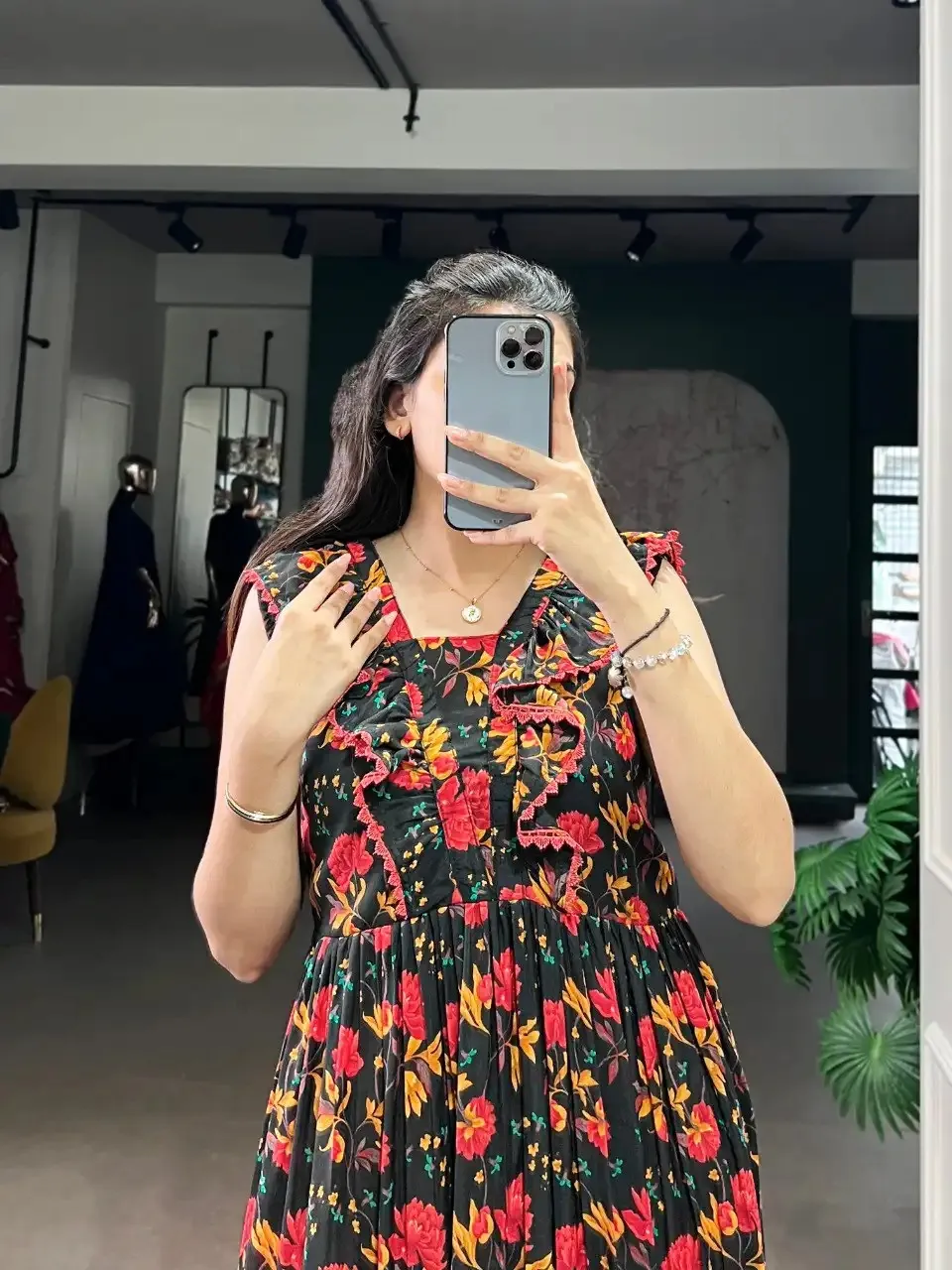 WMN 4506 Black Maslin Silk Floral Print Frock Kurti WMN 4506 Black Maslin Silk Floral Print Frock Kurti - Image 1