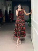 WMN 4506 Black Maslin Silk Floral Print Frock Kurti - Image 2