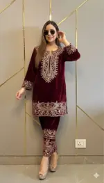 C585 1428 Velvet Designer Co Ord Set With Zari Embroidery