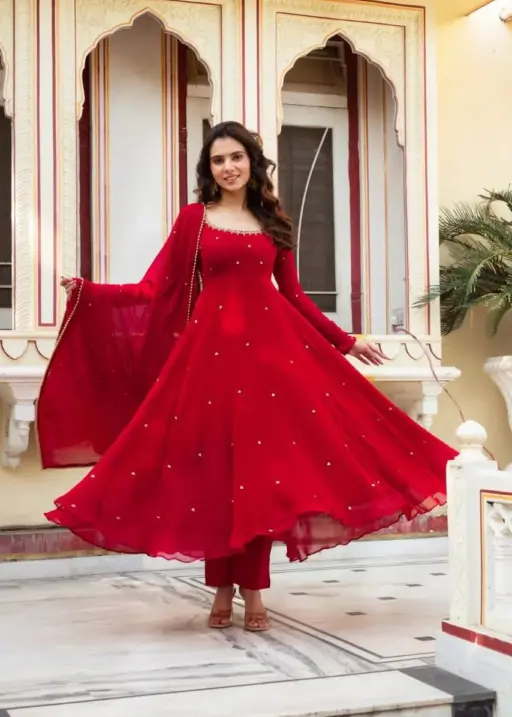 Deepika 5857 Red Foux Gorgette Anarkali Suit Collection