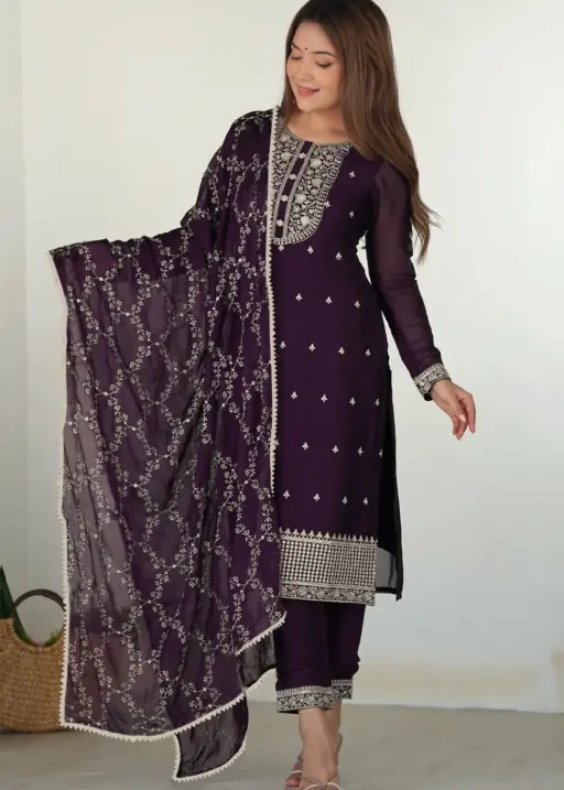 FFD Zilmil Purple Georgette Kurti Pant Dupatta Below 1000