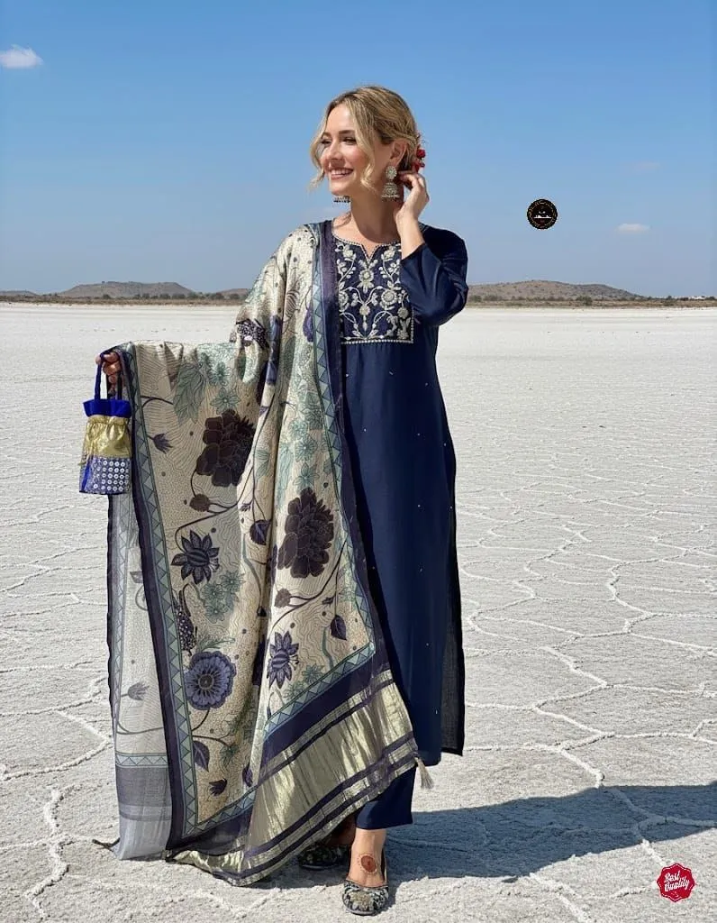 Laxmy Vol 13 Viscose Chanderi Kurti Pent And Dupatta Laxmy Vol 13 Viscose Chanderi Kurti Pent And Dupatta - Image 1