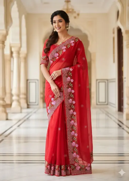 RBC 6021Cherry Red Geemichu Silk Saree Collection