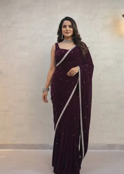 SBD 1798 Wine Velvet Saree Festive Saree Below 1500