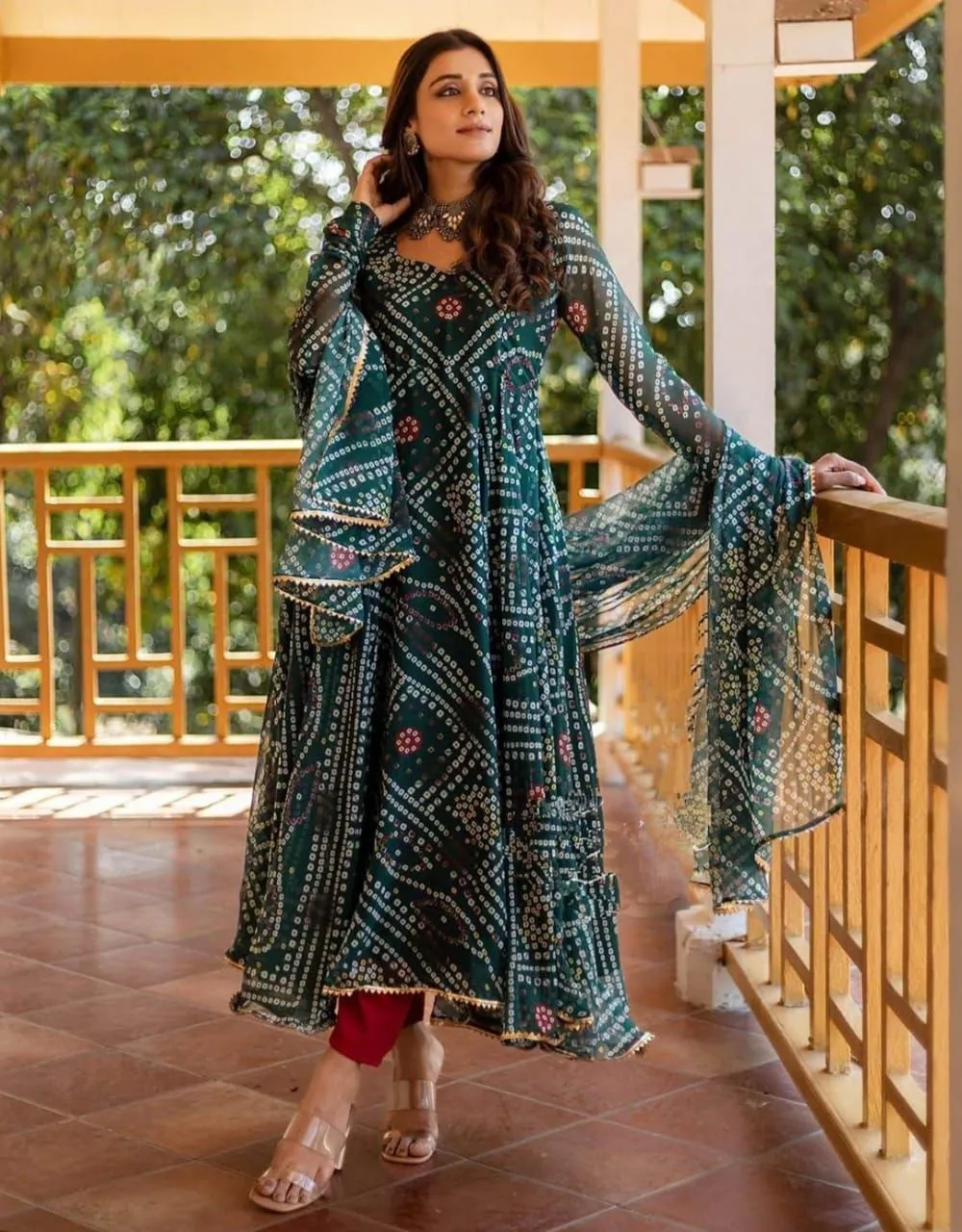 Shiv Vol 59 Green Delta Silk bandhani Printed Gown Dupatta Shiv Vol 59 Green Delta Silk bandhani Printed Gown Dupatta - Image 1