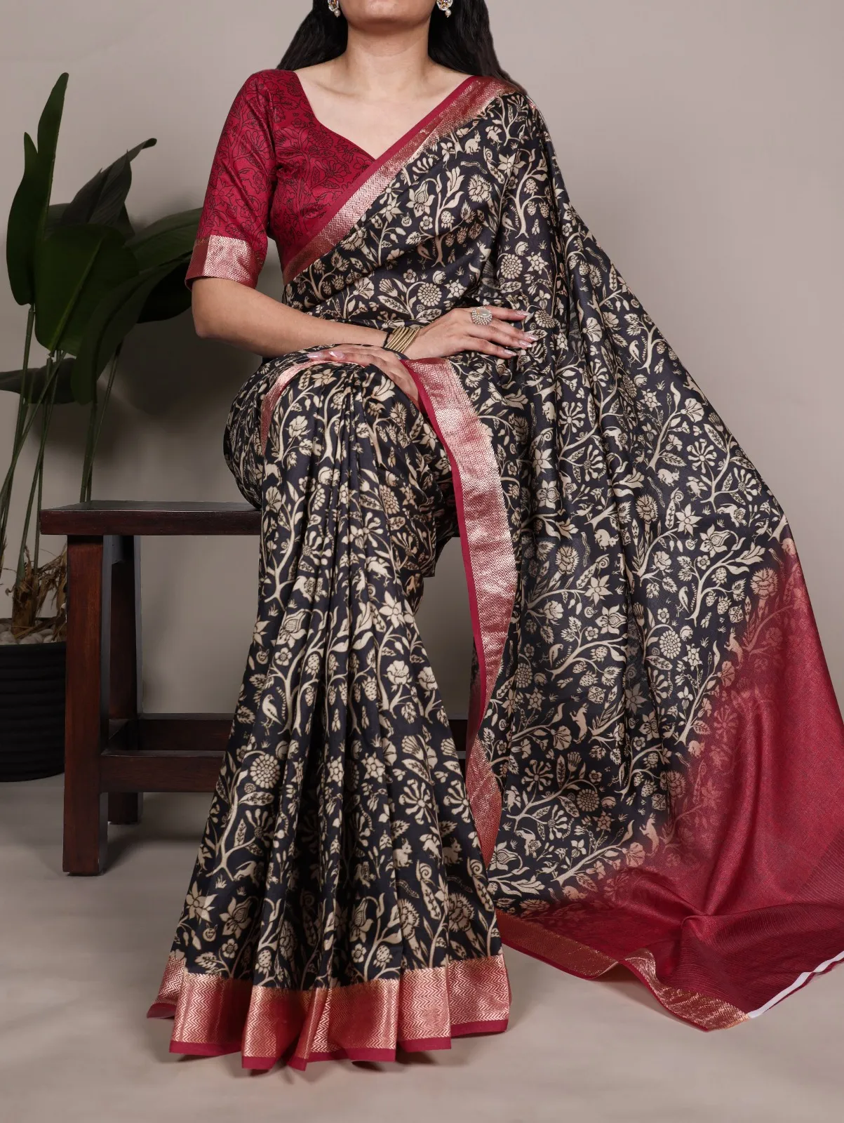 WMN 7055 Tasar Silk Printed Saree With Viscose Border WMN 7055 Tasar Silk Printed Saree With Viscose Border - Image 1