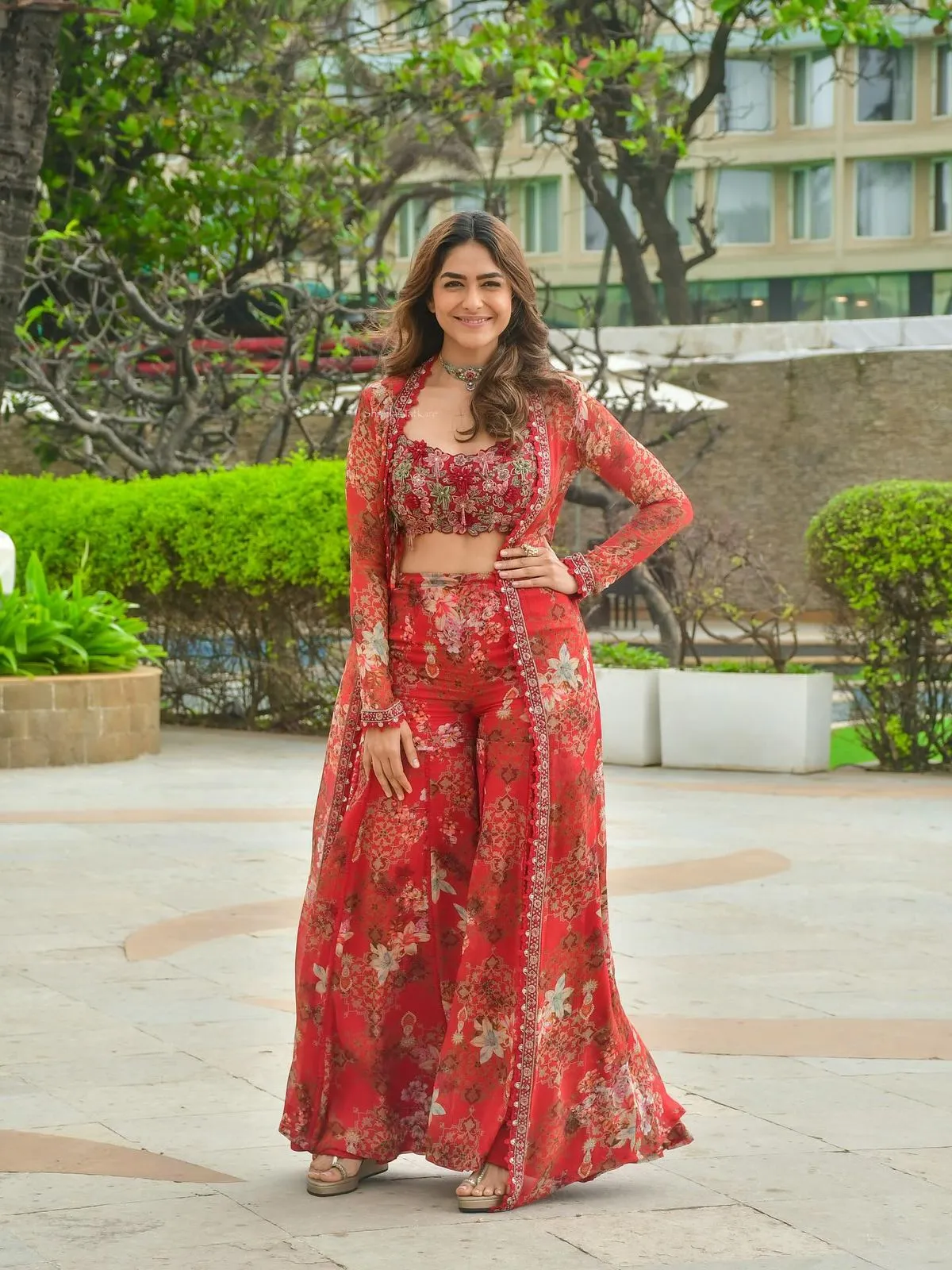 BDB 38 Mrunal Thakur Red Designer Bollywood Shrug Sharara Dress BDB 38 Mrunal Thakur Red Designer Bollywood Shrug Sharara Dress - Image 1