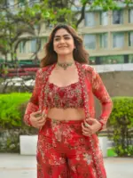 BDB 38 Mrunal Thakur Red Designer Bollywood Shrug Sharara Dress - Image 2