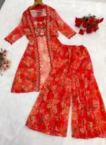 BDB 38 Mrunal Thakur Red Designer Bollywood Shrug Sharara Dress - Image 3