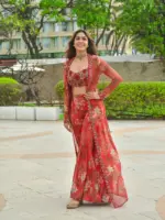 BDB 38 Mrunal Thakur Red Designer Bollywood Shrug Sharara Dress - Image 4
