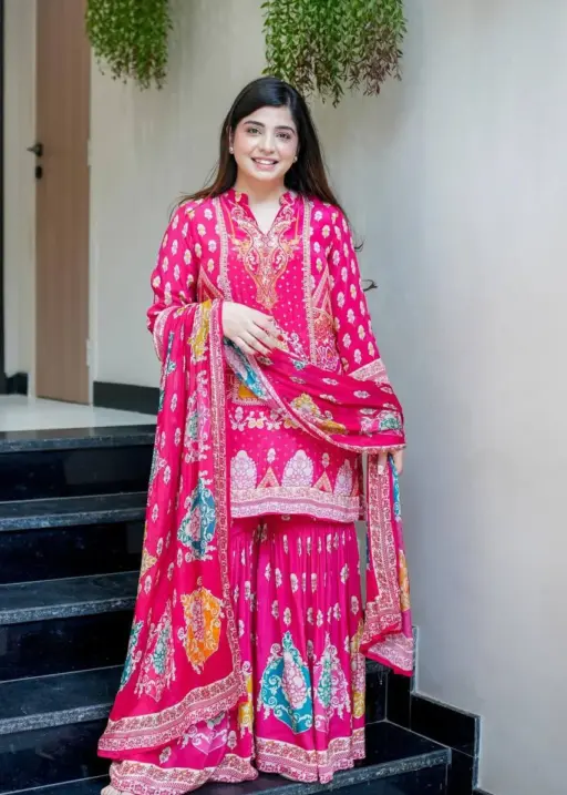 BV 427 French Crape Printed  Mirror Work