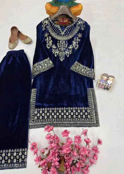 C585 1434 Navy Blue Velvet Embroidery Winter