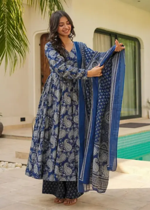 FFD Blue Rayon Slub Printed Anarkali