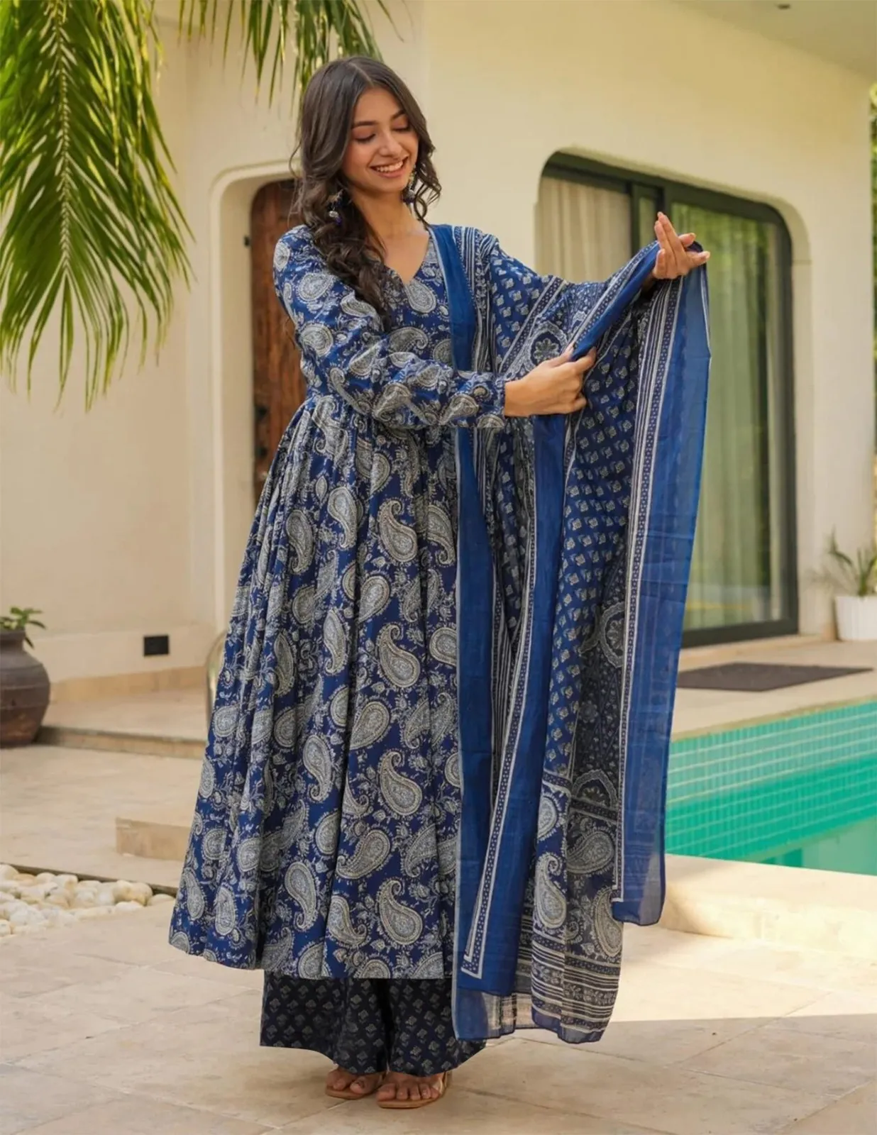 FFD Blue Rayon Slub Printed Anarkali FFD Blue Rayon Slub Printed Anarkali - Image 1