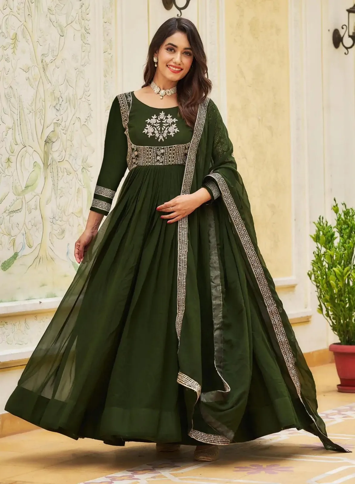 FFD Mehndi Green Georgette Anarkali FFD Mehndi Green Georgette Anarkali - Image 1