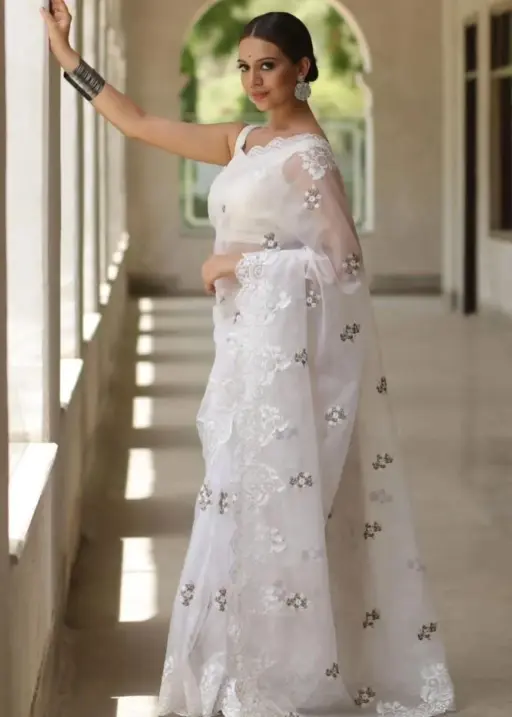 RBC 5074 White Organza Silk Floral Embroidery