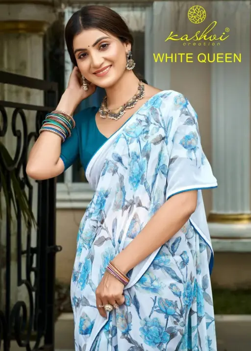 Kashvi White Queen Georgette Casual Wear Saree Collection