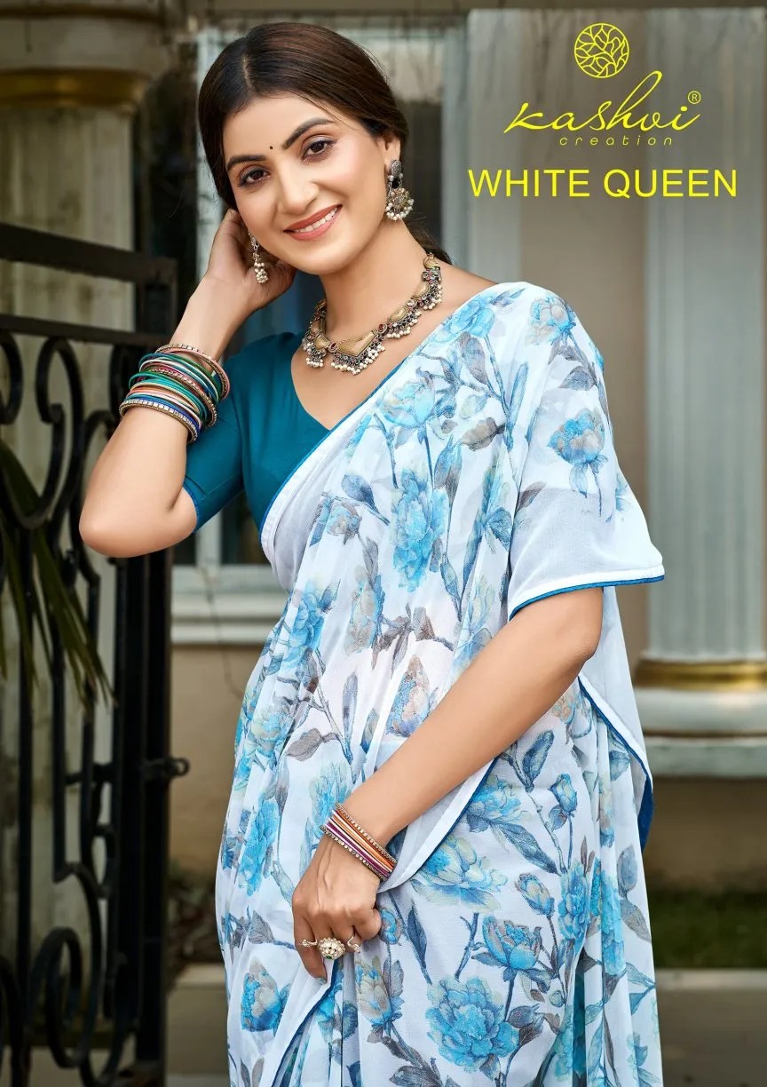 Kashvi White Queen Georgette Casual Wear Saree Collection Kashvi White Queen Georgette Casual Wear Saree Collection - Image 1