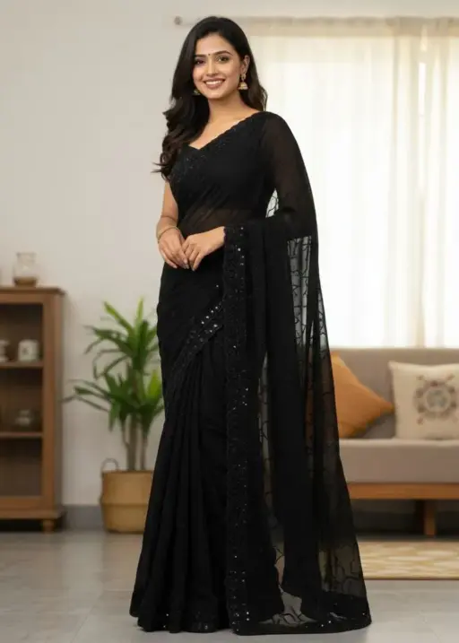 Kc 1004 Georgette Black Beeds Bollywood Fancy Saree