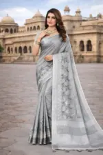 Mahek 217 Linen Cotton Embroidery Worked Fancy Saree Collection - Image 2