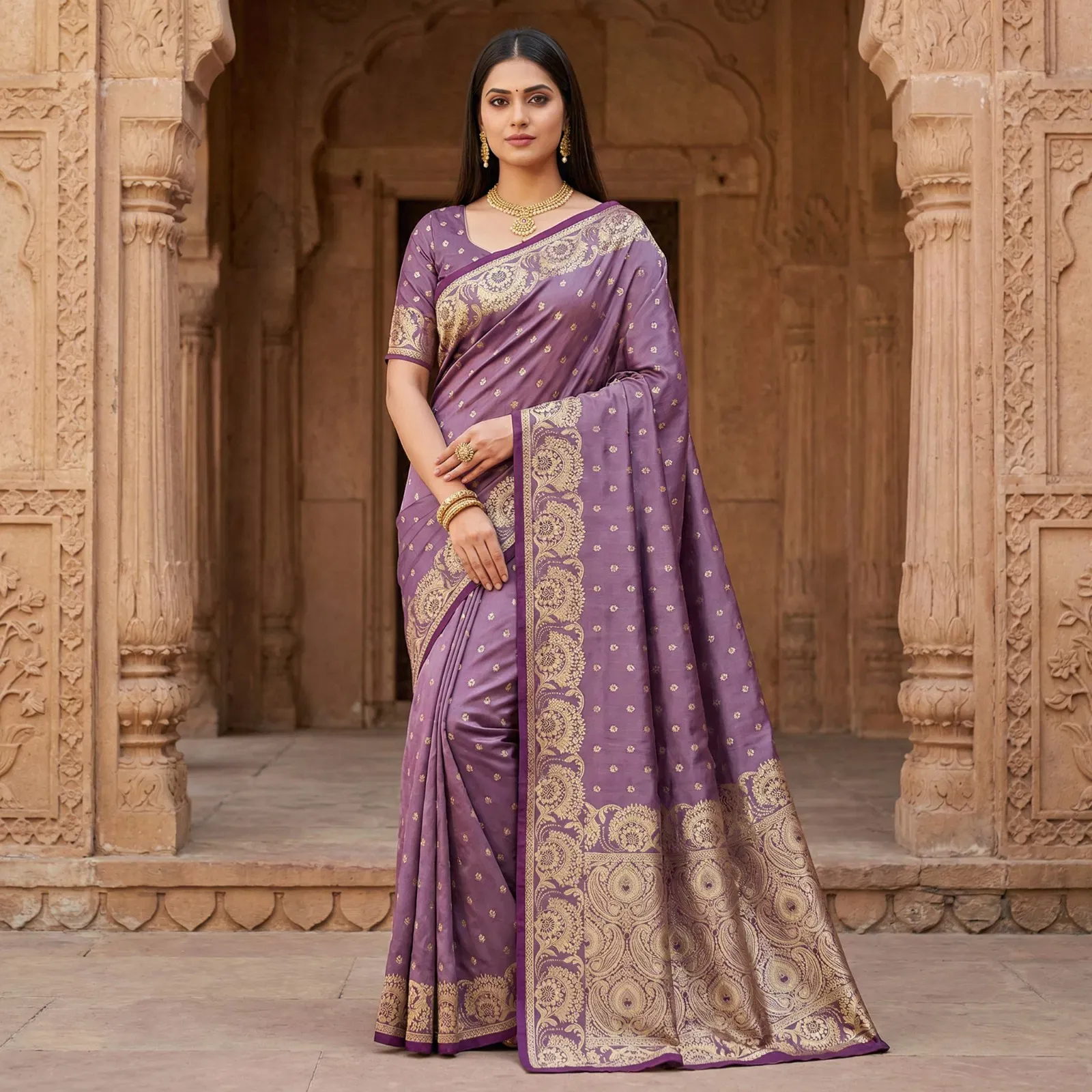 Mb 8 Satin Silk Golden Butta Woven Saree Collection Mb 8 Satin Silk Golden Butta Woven Saree Collection - Image 1